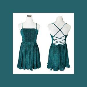 Lulus Women M Dress Party Era Teal Blue Sparkly Lace-Up Pleated Skater Fairycore